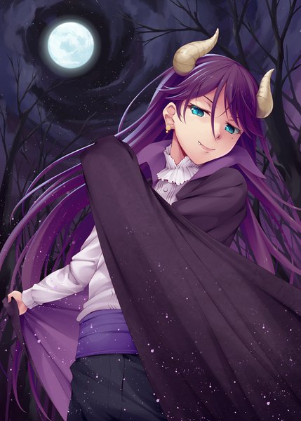 Anime picture 654x915 with love live! school idol project sunrise (studio) love live! toudou erena mukunokino isshiki single long hair tall image looking at viewer fringe smile hair between eyes purple hair cloud (clouds) horn (horns) aqua eyes night mole fang (fangs) night sky