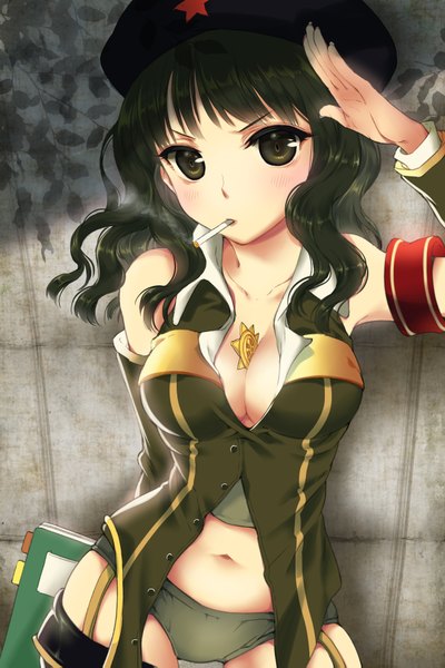 Anime picture 1280x1919 with sword girls bittersweet (dalcoms) long hair tall image looking at viewer fringe breasts light erotic cleavage open clothes midriff open shirt mouth hold smoking thighhighs navel uniform underwear panties detached sleeves