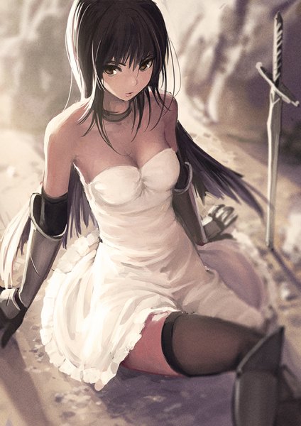 Anime picture 800x1131 with original million arthur illustration contest million arthur irakon ken domo1220 single long hair tall image fringe open mouth black hair sitting bare shoulders brown eyes looking away cleavage bent knee (knees) outdoors from above blurry arm support