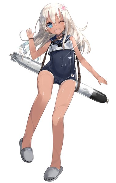 Anime picture 952x1500 with kantai collection ro-500 submarine kou mashiro single long hair tall image blush open mouth blue eyes light erotic simple background blonde hair white background one eye closed hair flower wink wet dark skin tan tan lines