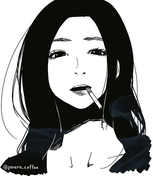 イラスト 900x1040 と オリジナル poaro ソロ 長髪 長身像 カメラ目線 開いた口 白背景 signed monochrome portrait smoke sketch 女の子 シガレット