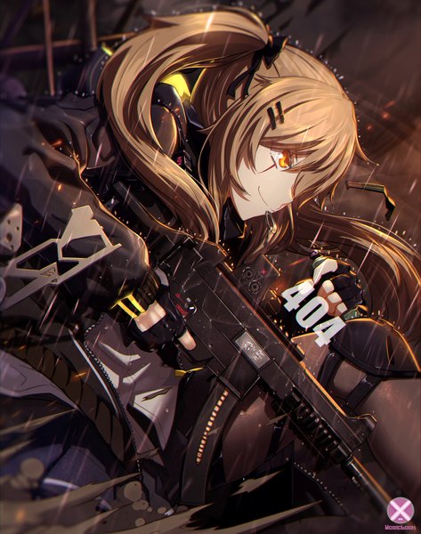 Anime picture 1863x2365 with girls frontline ump9 (girls frontline) mahousho single long hair tall image fringe highres smile hair between eyes brown hair twintails holding signed looking away profile pleated skirt orange eyes scar rain