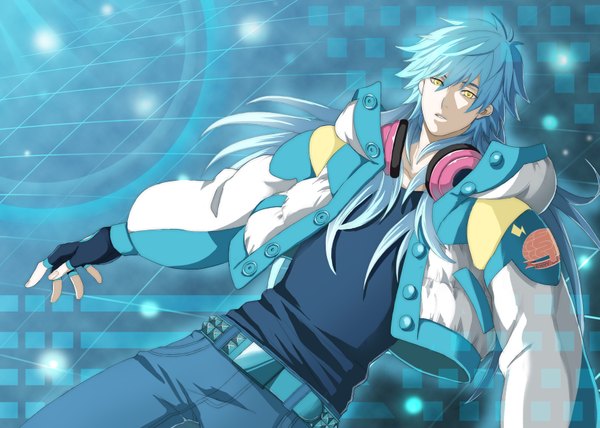 Anime picture 3543x2528 with dramatical murder nitro+chiral aoba (dmmd) single long hair highres open mouth yellow eyes blue hair absurdres boy gloves jacket headphones fingerless gloves