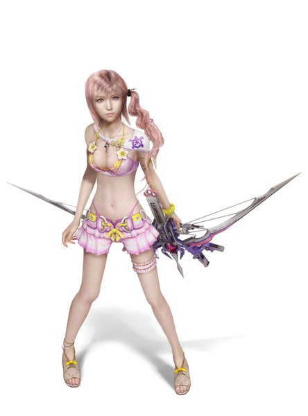 Anime picture 2215x2992 with final fantasy final fantasy xiii square enix serah farron single long hair tall image highres blue eyes simple background white background pink hair braid (braids) girl navel shorts bracelet bow (weapon)