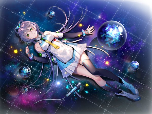 Anime-Bild 1500x1125 mit vocaloid vocaloid china luo tianyi tidsean single long hair looking at viewer blush fringe breasts smile hair between eyes twintails bare shoulders green eyes purple hair full body lying nail polish pleated skirt