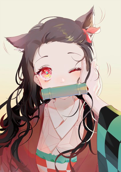 Anime picture 1200x1700 with kimetsu no yaiba ufotable kamado nezuko kamado tanjirou whiteshirt long hair tall image looking at viewer simple background red eyes brown hair animal ears traditional clothes japanese clothes one eye closed solo focus siblings yellow background kemonomimi mode brother and sister