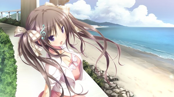 Anime picture 1280x720 with chrono clock andou misaki koku single long hair looking at viewer brown hair wide image purple eyes twintails game cg girl dress hair ornament bow hair bow