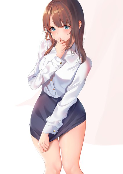 Anime picture 2894x4093 with original inushima single long hair tall image looking at viewer blush fringe highres breasts blue eyes light erotic simple background hair between eyes brown hair standing payot long sleeves hand to mouth office lady