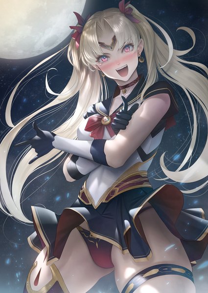 Anime picture 1275x1800 with fate (series) fate/grand order bishoujo senshi sailor moon toei animation tsukino usagi sailor moon ereshkigal (fate) imizu (nitro unknown) single long hair tall image blush fringe open mouth light erotic blonde hair smile twintails payot outdoors