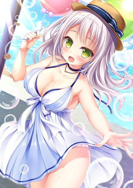 Anime picture 1000x1414 with original moe2020 shitou single long hair tall image looking at viewer breasts open mouth light erotic large breasts holding green eyes cleavage silver hair outdoors :d pantyshot girl dress