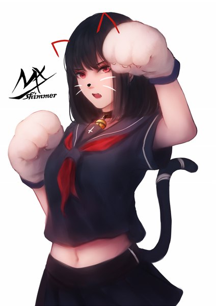 Anime picture 1240x1753 with original shimmer single tall image looking at viewer fringe short hair open mouth black hair simple background hair between eyes red eyes standing white background signed animal ears tail animal tail cat ears midriff