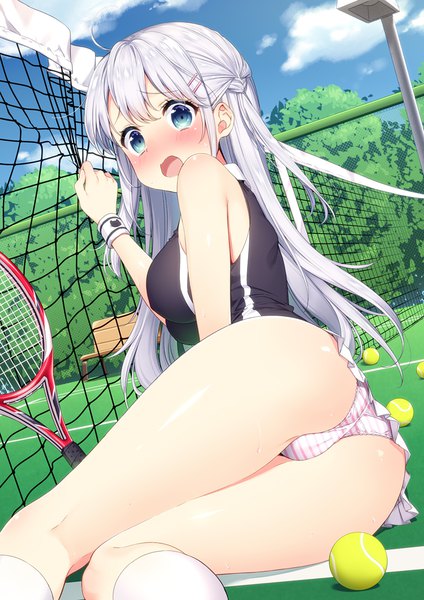 Anime picture 800x1131 with original moe2017 masuishi kinoto single long hair tall image looking at viewer blush fringe breasts open mouth blue eyes light erotic hair between eyes large breasts sitting silver hair ahoge ass outdoors