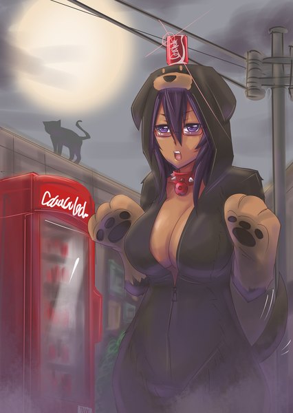 Anime picture 710x1000 with coca-cola exaxuxer single long hair tall image breasts light erotic black hair large breasts purple eyes cleavage dark skin girl glasses hood collar