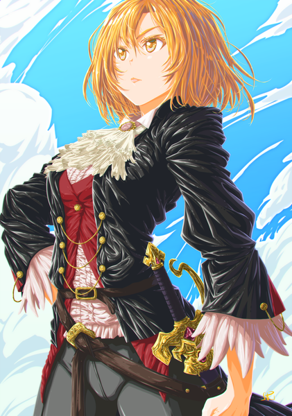 Anime picture 2000x2847 with goblin slayer! noble fencer (goblin slayer!) nk (uqu7644) single tall image fringe highres short hair breasts hair between eyes brown hair standing brown eyes signed looking away sky cloud (clouds) outdoors long sleeves wide sleeves