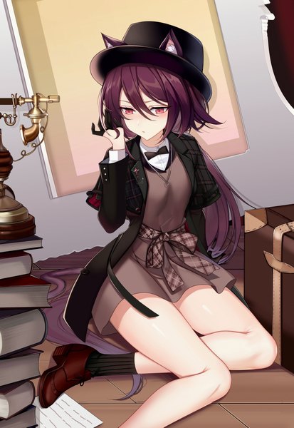 Anime picture 2901x4213 with arknights melantha (arknights) melantha (letters from wessex) (arknights) ateoyh single long hair tall image blush fringe highres hair between eyes red eyes sitting animal ears payot purple hair full body bent knee (knees) indoors tail