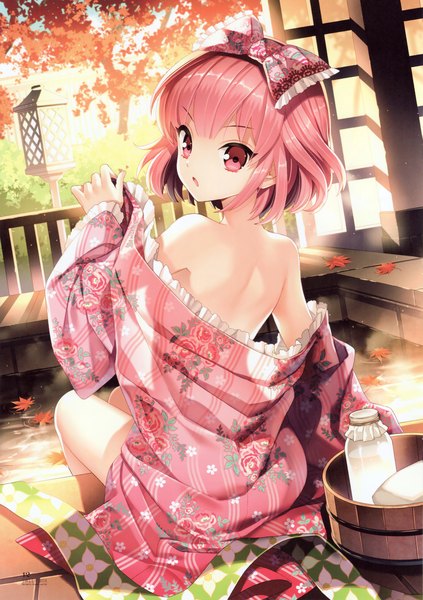 Anime picture 2466x3500 with original nardack single tall image highres short hair open mouth light erotic bare shoulders pink hair traditional clothes japanese clothes pink eyes girl bow hair bow water kimono leaf (leaves) autumn leaves