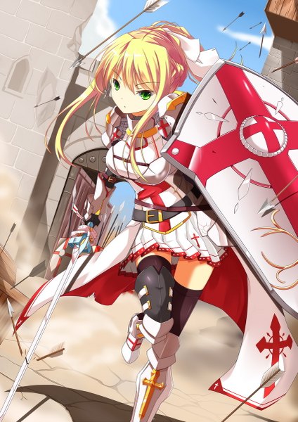 Anime picture 849x1200 with original fatkewell single long hair tall image looking at viewer blonde hair green eyes girl thighhighs weapon black thighhighs sword boots armor arrow (arrows) shield