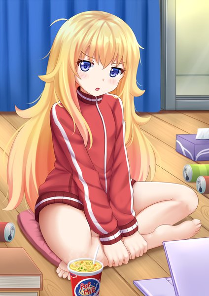 Anime picture 1200x1697 with gabriel dropout doga kobo tenma gabriel white kazenokaze single long hair tall image looking at viewer blush open mouth blue eyes light erotic blonde hair sitting full body barefoot messy hair indian style girl book (books)