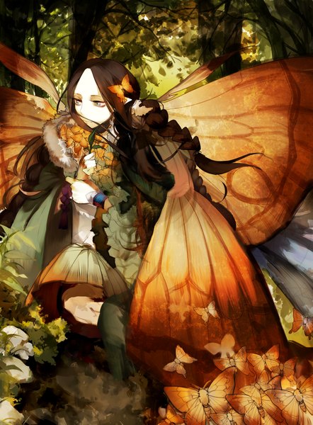 Anime picture 900x1221 with original uusparking single long hair tall image brown hair looking away braid (braids) pointy ears grey eyes twin braids insect wings butterfly wings girl hair ornament plant (plants) wings tree (trees) insect butterfly