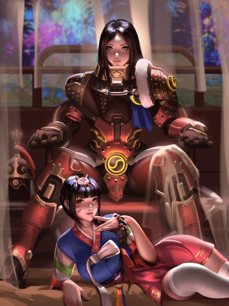 Anime picture 3000x4000 with overwatch blizzard entertainment d.va (overwatch) brigitte (overwatch) palanquin d.va liang xing long hair tall image looking at viewer fringe highres black hair sitting multiple girls brown eyes bent knee (knees) lying blunt bangs braid (braids) traditional clothes