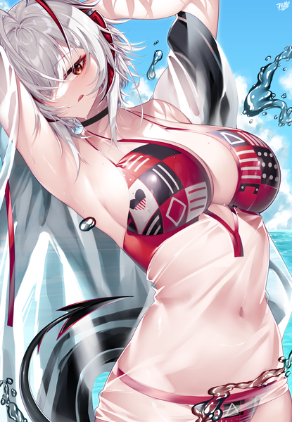 Anime picture 2204x3184 with arknights w (arknights) izulizuru single tall image looking at viewer blush fringe highres short hair breasts open mouth light erotic red eyes large breasts standing signed sky silver hair cloud (clouds)