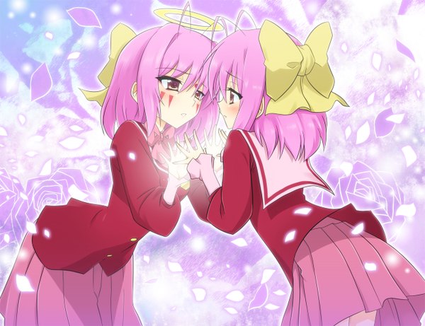 Anime picture 1300x1000 with kami nomi zo shiru sekai nakagawa kanon apollo (kaminomi) yuto (dialique) blush short hair multiple girls brown eyes pink hair holding hands girl skirt bow 2 girls hair bow miniskirt serafuku halo