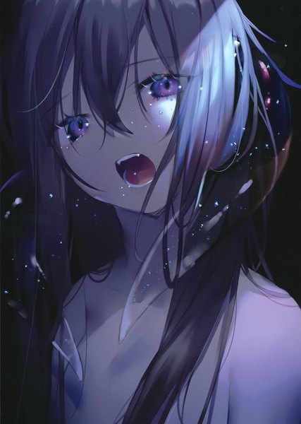 Anime picture 2099x2952 with original achiki single long hair tall image looking at viewer fringe highres open mouth black hair simple background hair between eyes purple eyes bare shoulders upper body scan teeth fang (fangs) black background girl