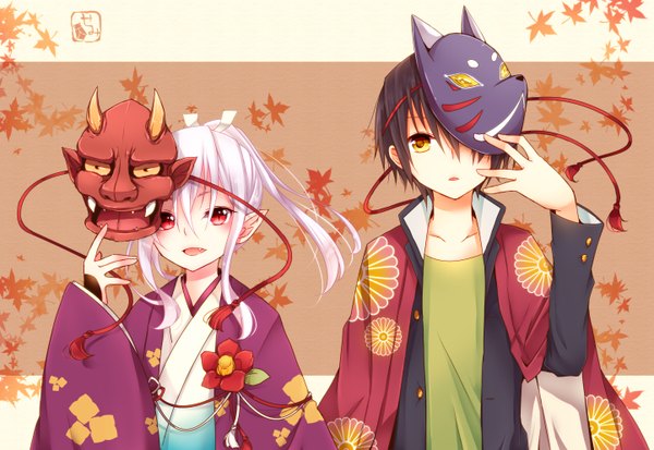 Anime picture 2882x1984 with original goma (11zihisin) long hair highres short hair open mouth black hair red eyes yellow eyes white hair traditional clothes japanese clothes teeth fang (fangs) mask on head girl boy kimono leaf (leaves) mask