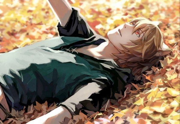 Anime picture 1486x1024 with lamento nitro+chiral konoe lialli single fringe short hair blonde hair animal ears lying on back alternate costume fox ears heterochromia looking up autumn boy leaf (leaves) autumn leaves