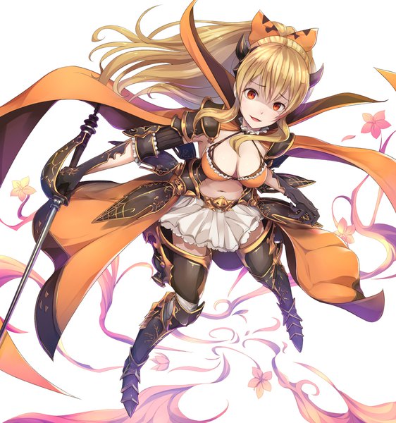 Anime picture 937x1000 with granblue fantasy vira lilie sakusaku single long hair tall image looking at viewer fringe breasts light erotic blonde hair simple background smile hair between eyes red eyes large breasts white background holding payot full body