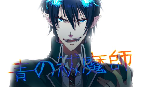 Anime picture 1600x960 with ao no exorcist a-1 pictures okumura rin kokonoe nono (seirichuu) single short hair open mouth blue eyes black hair simple background wide image white background pointy ears boy choker