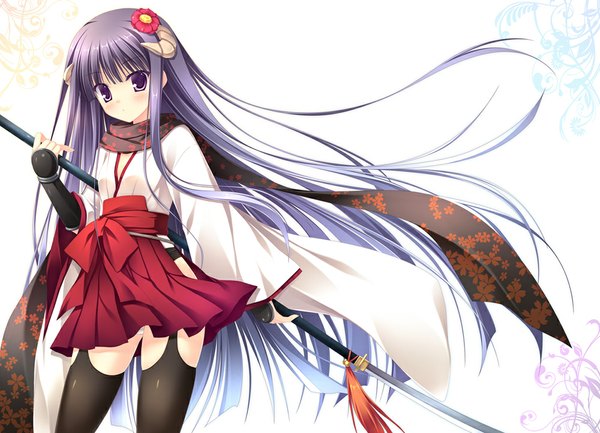 Anime picture 1000x723 with inu x boku ss david production shirakiin ririchiyo takano yuki (allegro mistic) single long hair blush simple background white background purple eyes purple hair traditional clothes hair flower horn (horns) girl thighhighs hair ornament weapon black thighhighs scarf