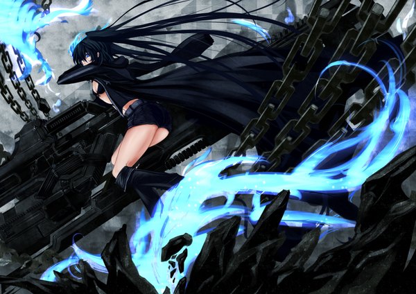 Anime picture 3507x2480 with black rock shooter kuroi mato swordsouls single highres blue eyes black hair simple background absurdres very long hair glowing glowing eye (eyes) girl weapon shorts boots gun thigh boots chain cloak