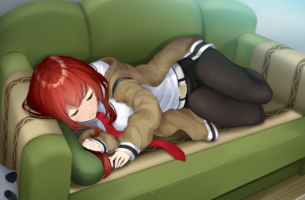 Anime picture 1336x878 with steins;gate white fox makise kurisu amayu single long hair brown hair indoors lying eyes closed long sleeves on side sleeping girl shirt pantyhose necktie shorts belt white shirt