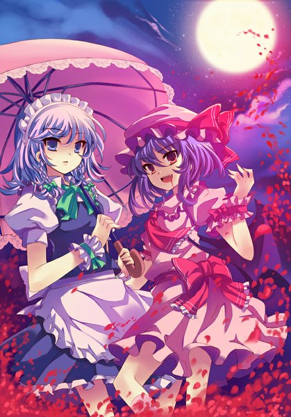 Anime picture 600x859 with touhou remilia scarlet izayoi sakuya peach88 tall image short hair open mouth blue eyes smile red eyes multiple girls blue hair purple hair cloud (clouds) braid (braids) traditional clothes night night sky twin braids girl