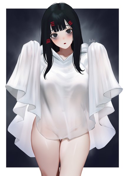 Anime picture 2480x3508 with original alyssa (jubi) jubi (regiana) single long hair tall image looking at viewer fringe highres breasts light erotic black hair large breasts signed blunt bangs parted lips head tilt black eyes thighs halloween
