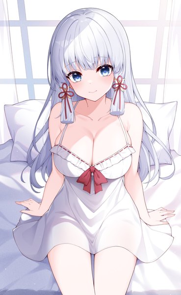 Anime picture 2480x4030 with genshin impact kamisato ayaka poinia single long hair tall image looking at viewer blush fringe highres breasts blue eyes light erotic smile large breasts sitting bare shoulders payot cleavage silver hair