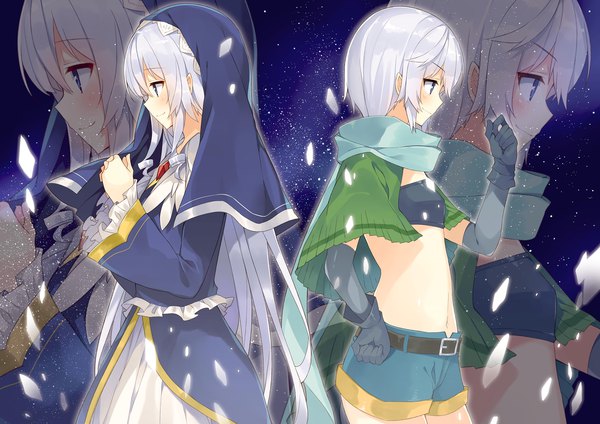 Anime-Bild 2714x1920 mit kono subarashii sekai ni shukufuku wo! studio deen chris (konosuba) eris (konosuba) mishima kurone long hair blush fringe highres short hair blue eyes smile standing multiple girls payot looking away silver hair profile night wide sleeves