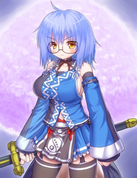 Anime picture 1000x1300 with touhou morichika rinnosuke asamura hiori single tall image blush short hair breasts large breasts yellow eyes blue hair sideboob genderswap girl thighhighs weapon black thighhighs detached sleeves sword glasses