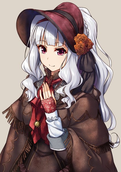 Anime picture 976x1387 with idolmaster bloodborne from software shijou takane raiou single long hair tall image looking at viewer fringe simple background smile white hair braid (braids) pink eyes grey background plain doll (cosplay) girl flower (flowers) rose (roses)