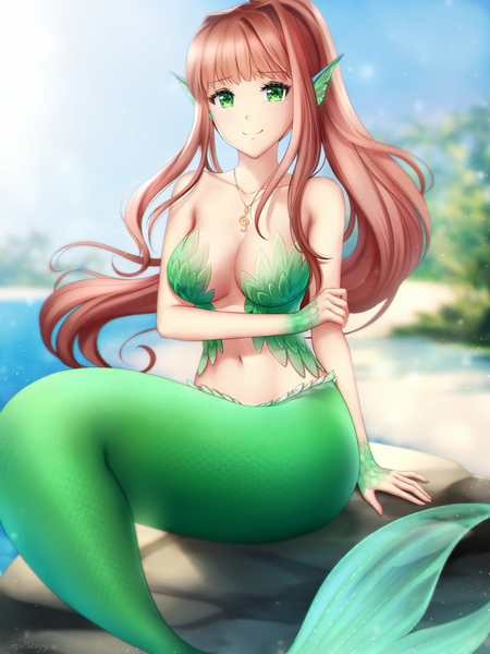 Anime picture 750x1000 with doki doki literature club monika (doki doki literature club) gigamessy single long hair tall image looking at viewer blush fringe breasts light erotic smile brown hair large breasts sitting bare shoulders green eyes signed payot sky