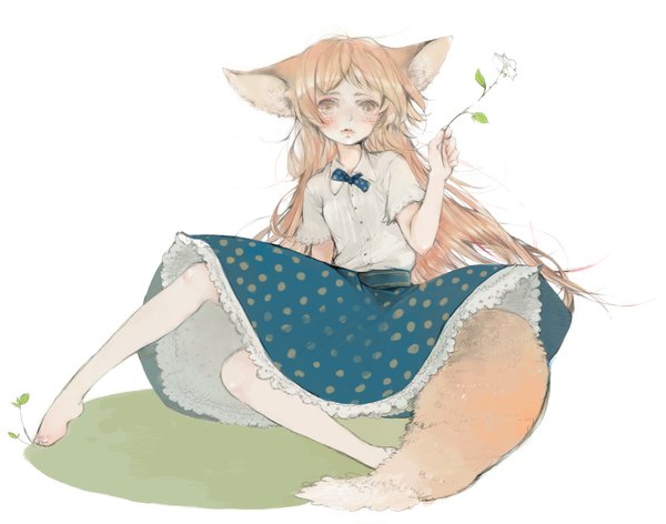 Anime picture 1095x862 with original nekosuke (jet) single long hair blush white background sitting barefoot orange hair fox ears fox tail fox girl polka dot girl flower (flowers)