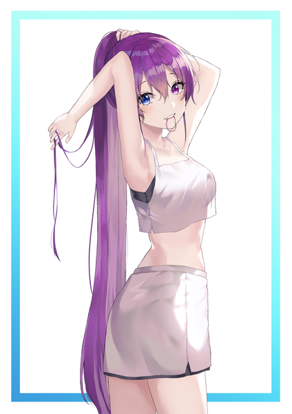 Anime picture 3036x4300 with original luxiel single tall image looking at viewer highres breasts blue eyes simple background smile standing white background purple eyes bare shoulders holding absurdres purple hair ponytail very long hair arms up