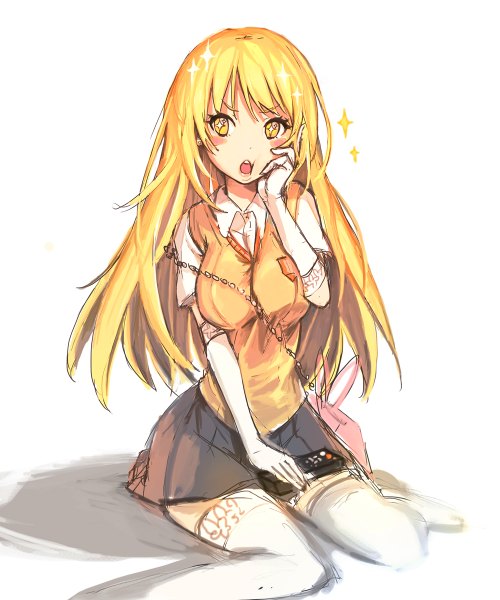 Anime picture 1000x1200 with to aru kagaku no railgun j.c. staff shokuhou misaki sono (pixiv) single long hair tall image blush simple background blonde hair white background sitting yellow eyes girl thighhighs gloves uniform school uniform white thighhighs elbow gloves