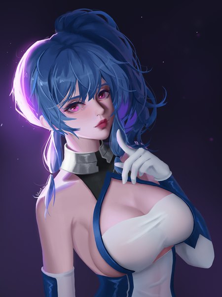 Anime picture 2048x2732 with azur lane st. louis (azur lane) yuuri vv single long hair tall image looking at viewer fringe highres breasts light erotic simple background large breasts bare shoulders signed payot blue hair cleavage upper body pink eyes
