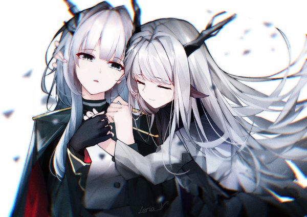 Anime picture 2121x1500 with arknights talulah (arknights) alina (arknights) leria v long hair looking at viewer fringe highres open mouth simple background white background multiple girls signed animal ears silver hair upper body blunt bangs eyes closed long sleeves head tilt