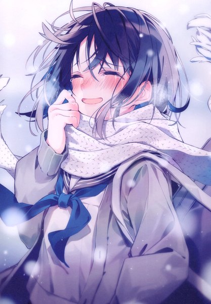 Anime-Bild 3208x4619 mit original oshio (dayo) single tall image blush fringe highres short hair open mouth simple background hair between eyes standing blue hair absurdres upper body eyes closed long sleeves scan open jacket tears