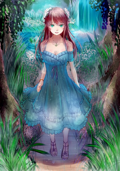 Anime picture 1000x1414 with original touboku single long hair tall image looking at viewer blush open mouth smile brown hair bare shoulders cleavage barefoot hair flower aqua eyes off shoulder girl dress hair ornament flower (flowers)