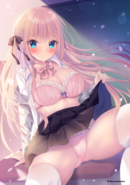 Anime picture 635x900 with original melonbooks shibainu niki single long hair tall image looking at viewer blush fringe breasts blue eyes light erotic large breasts sitting holding payot pink hair cleavage bent knee (knees) indoors
