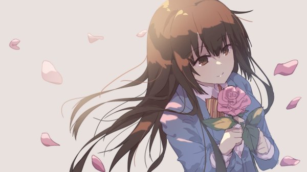 Anime picture 2560x1440 with kono oto tomare! houzuki satowa mo_ single long hair fringe highres simple background smile hair between eyes brown hair wide image holding brown eyes looking away upper body long sleeves grey background floating hair shaded face